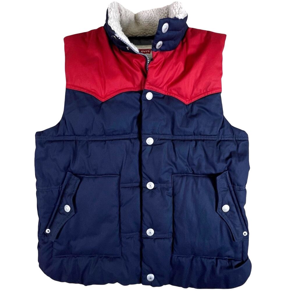 Levis Puffer Vest Youth M Sherpa Collar Logo Back Fits Womens XS Navy Red Warm